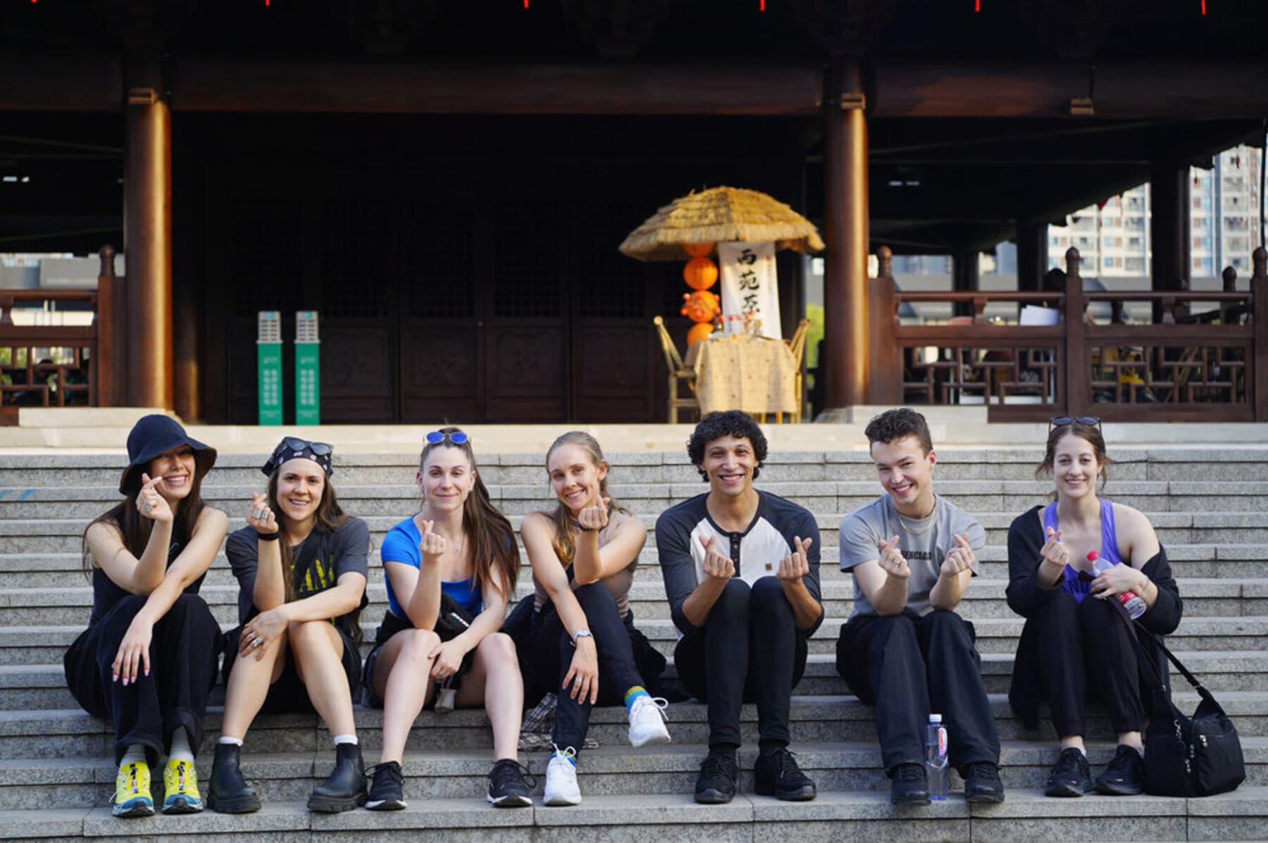Troupe on temple steps