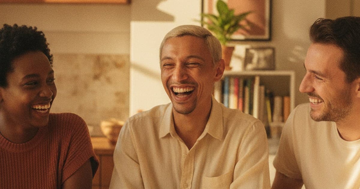 Vlad Pereira laughing with friends around a table