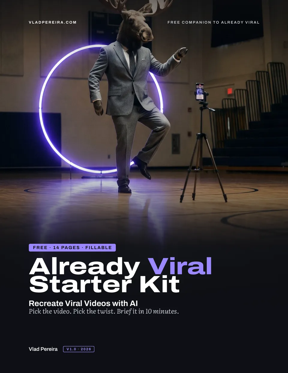 Cover of the free Already Viral Starter Kit by Vlad Pereira: Recreate Viral Videos with AI, 14 pages, fillable
