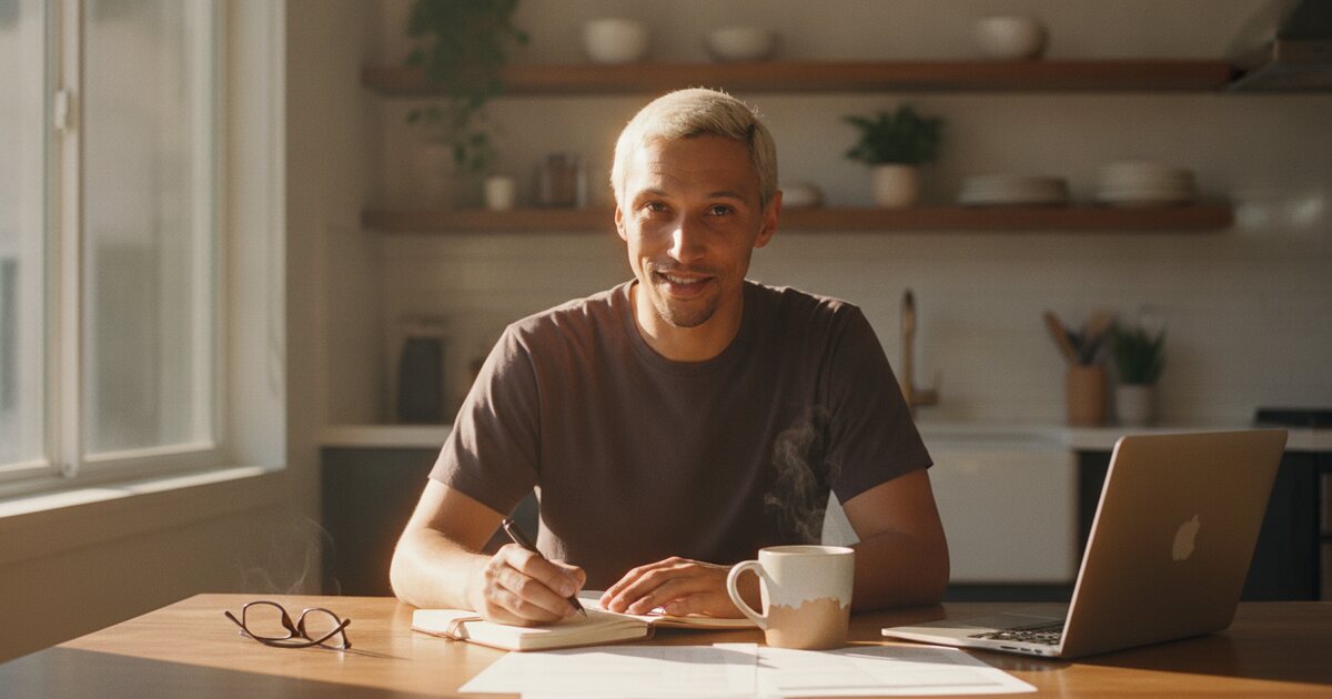 A woman writing in a notebook at a kitchen table in early morning light, coffee steaming beside her
