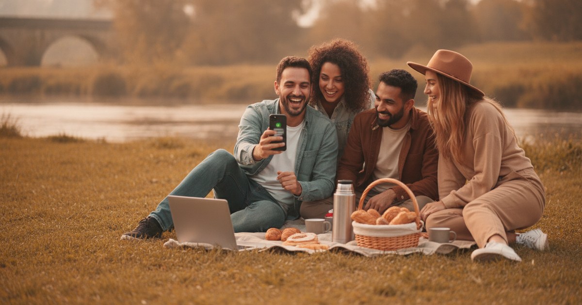 Four friends laugh at something on a phone during a riverside picnic, with a laptop and coffee spread out on the blanket.