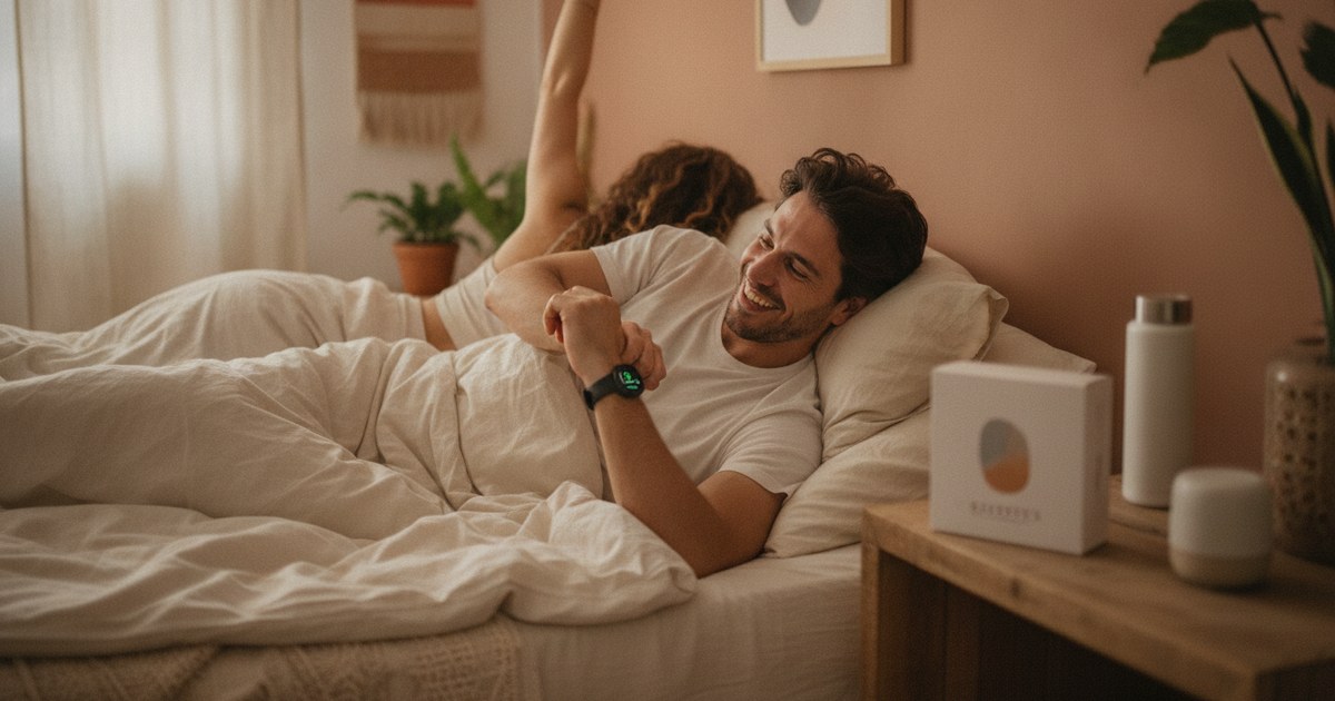 Um homem sorridente confere o relógio inteligente na cama enquanto a parceira se espreguiça depois de uma boa noite de sono.