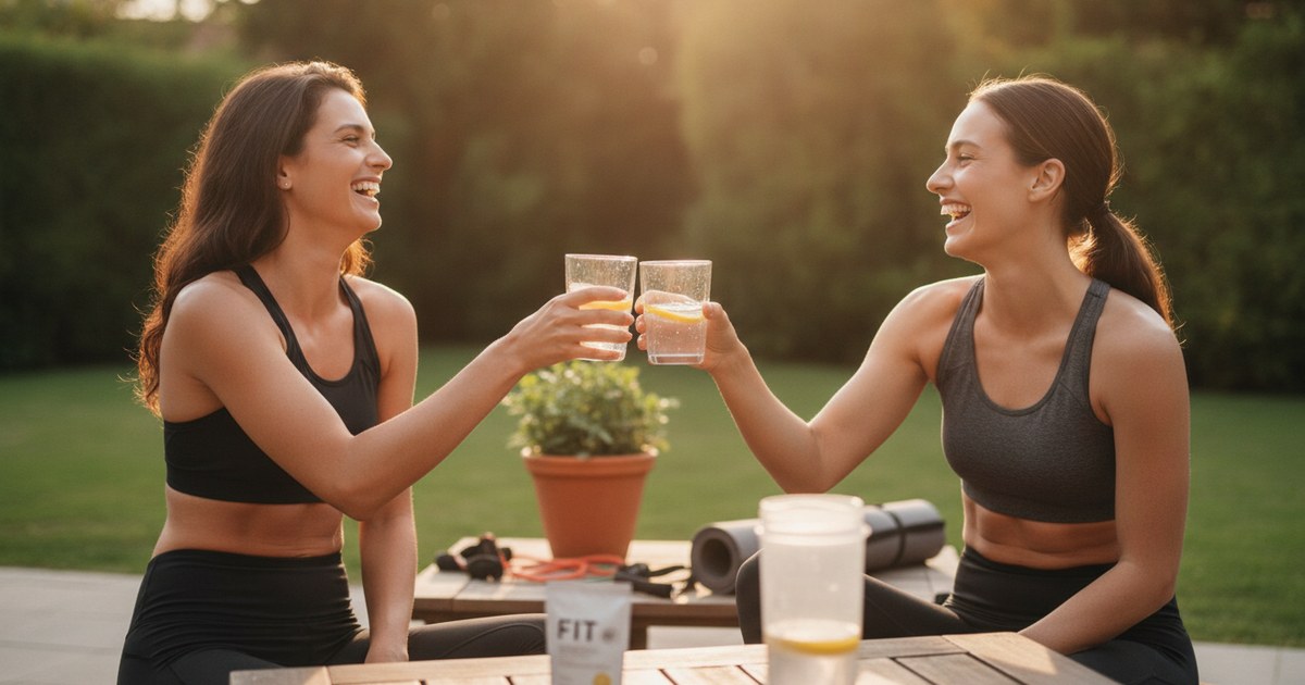 Two women in workout clothes laugh and toast glasses of lemon water in a backyard after a training session at sunset.