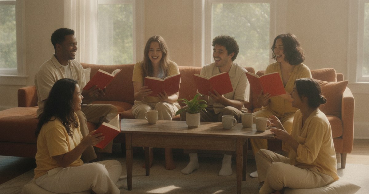 Six friends in a living room laughing together, each holding a red hardcover book