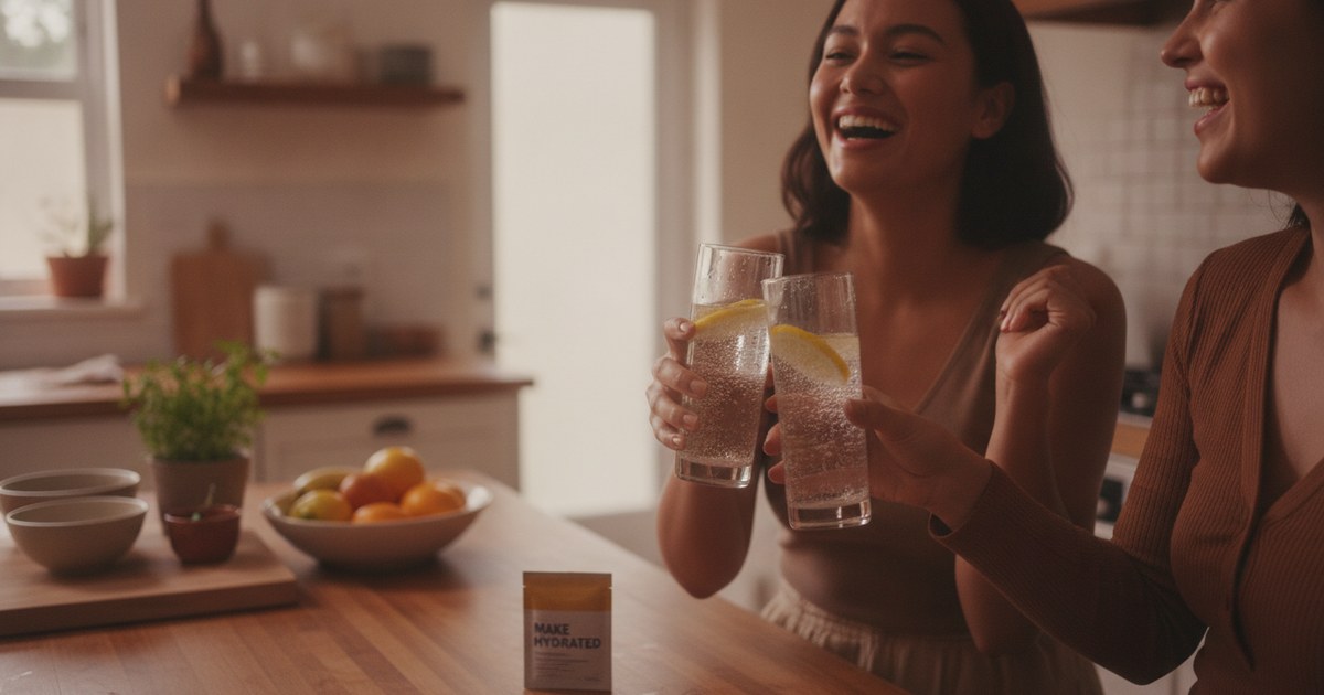 Two friends laugh and toast glasses of sparkling lemon water in a warm kitchen with a MAKE Hydrated sachet on the counter.