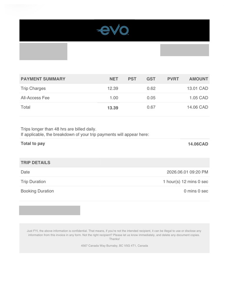 Meu recibo real da Evo — $14,06 por uma corrida de 72 minutos
