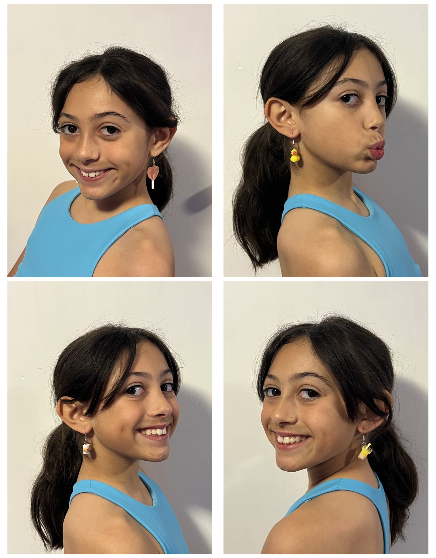 Symphony modeling four earring designs from her first product line