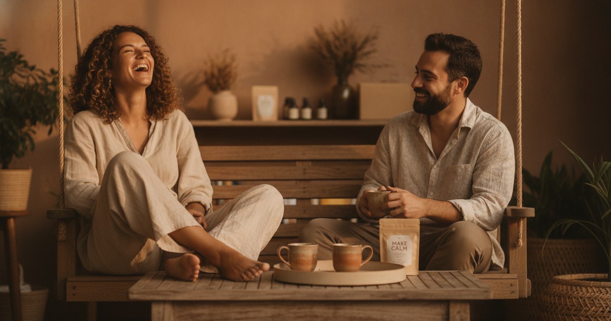 Um casal relaxado ri junto num balanço de varanda tomando uma bebida quente no fim do dia.