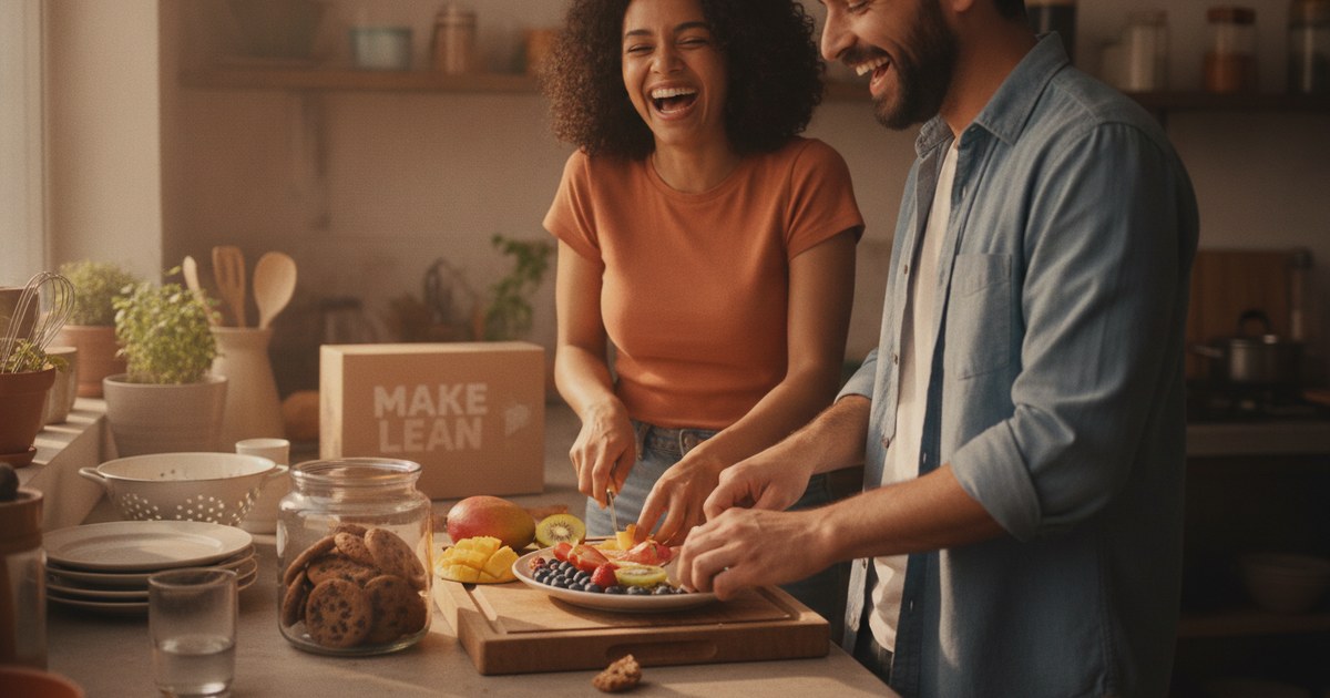 Um casal risonho prepara um prato de frutas frescas na cozinha, deixando o pote de biscoitos de lado.