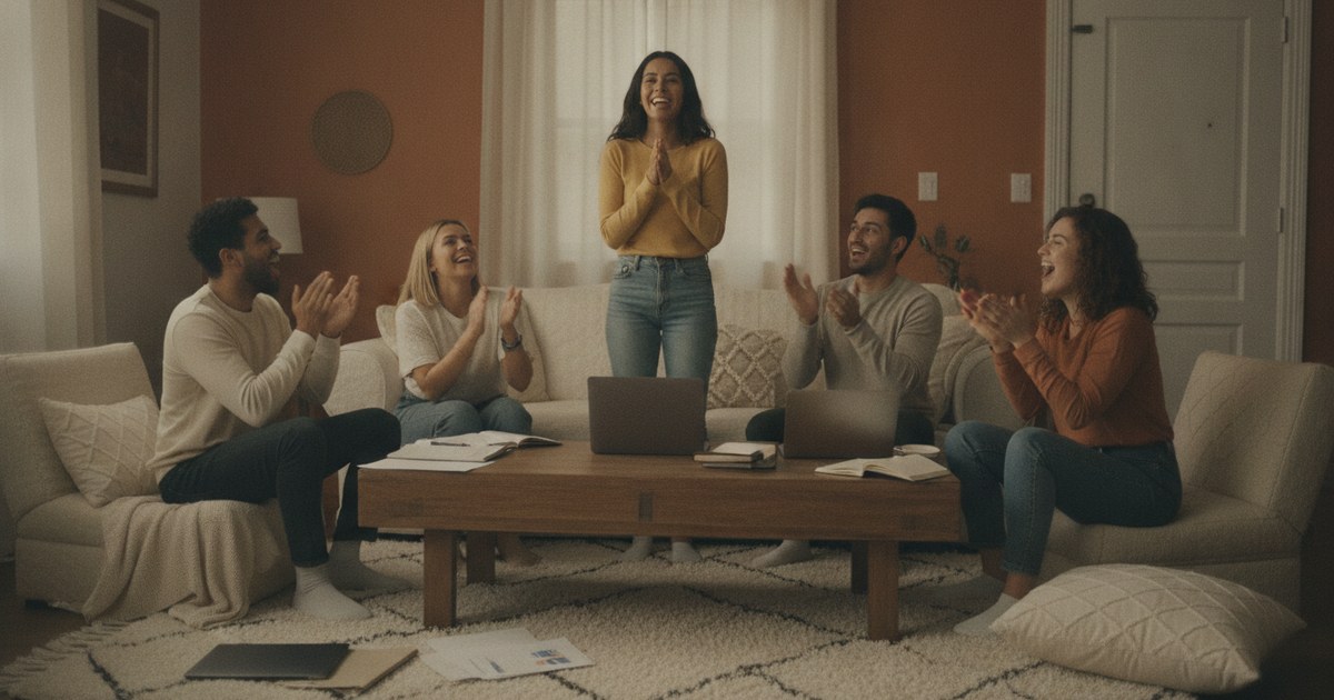 Amigos numa sala aconchegante aplaudindo uma mulher radiante de pé no meio, com laptops e cadernos ao redor