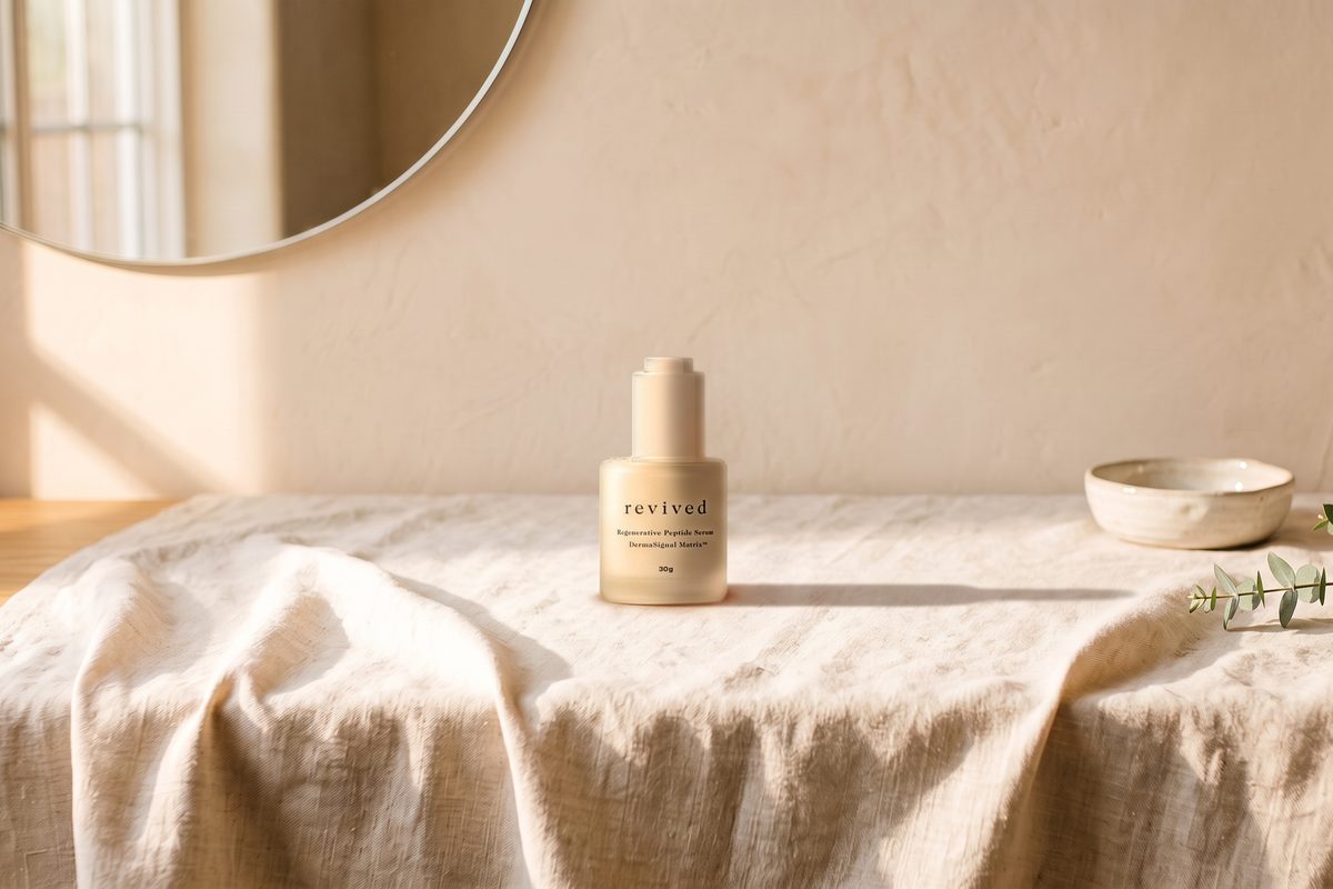 REVIVED, the MAKE Wellness peptide serum, on a linen vanity