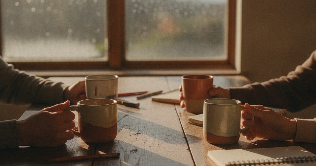 Friends' hands with coffee mugs and open notebooks around a wooden table in warm afternoon light