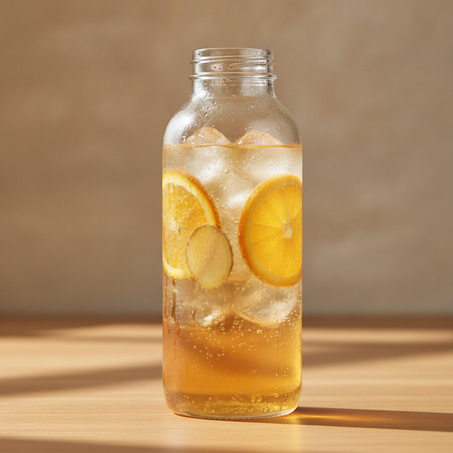 The All-Day Carry, a large clear bottle of orange and ginger sparkling drink over ice