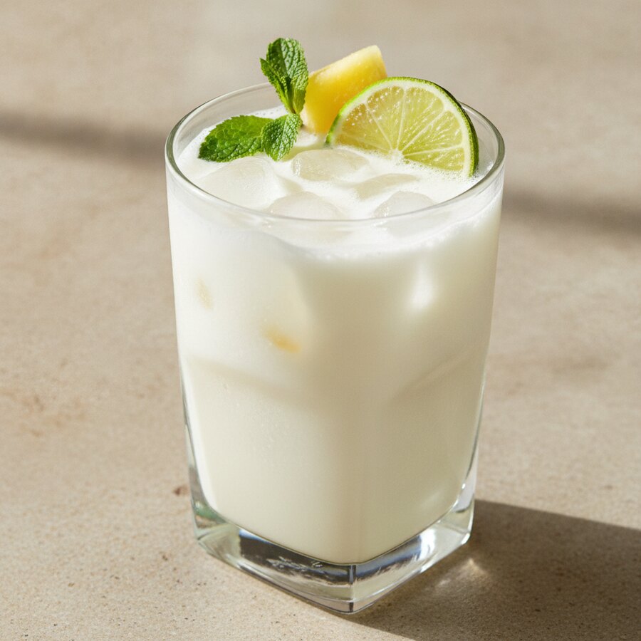 Coco Recovery, a creamy coconut and pineapple recovery drink with frozen pineapple and lime