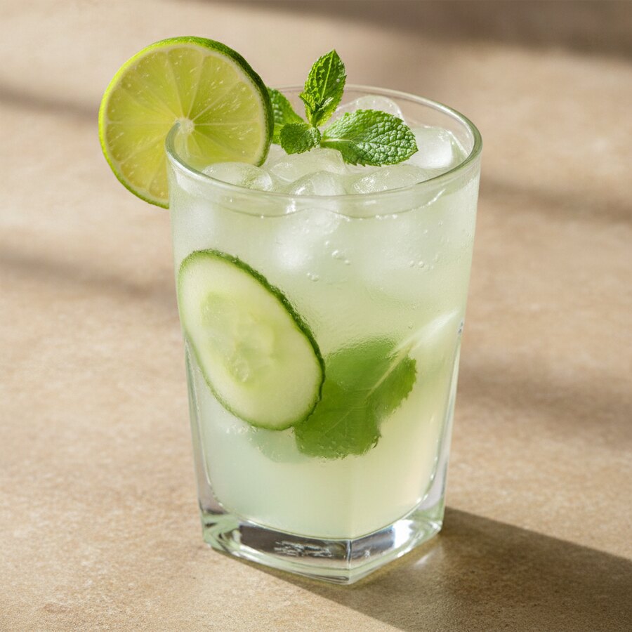 Ilha Verde Sipper, a pale-green coconut, cucumber and mint cooler over ice with a lime wheel