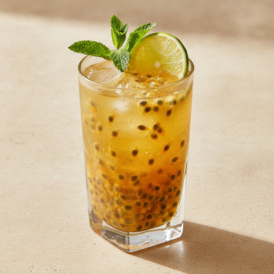 Maracujá Lift, a golden passionfruit sparkling drink with mint and lime over ice