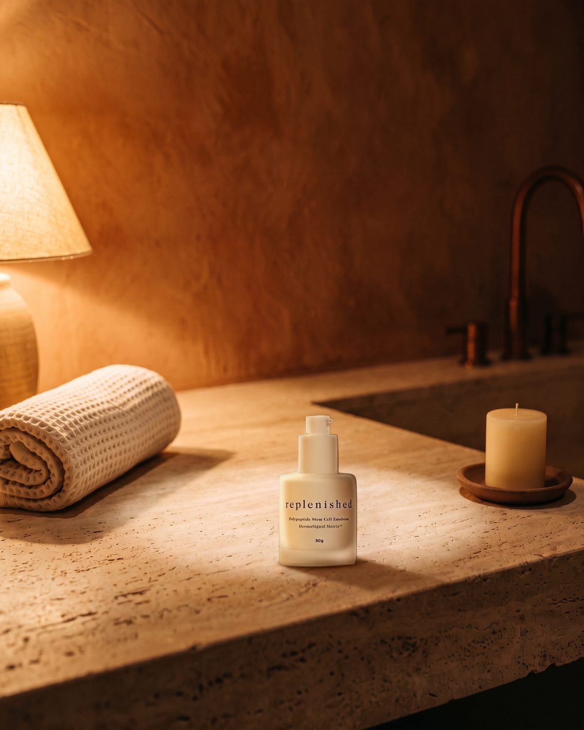 REPLENISHED, a Polypeptide Stem Cell Emulsion da MAKE Wellness, numa prateleira à noite
