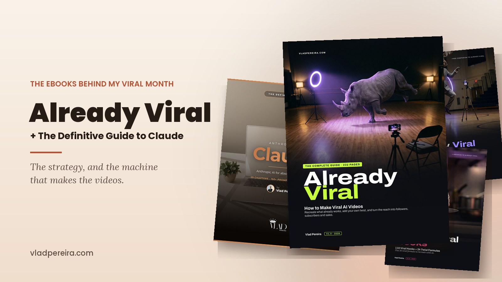 The two ebooks that came out of this month: Already Viral, with its free Starter Kit and Hooks pack, and The Definitive Guide to Claude.